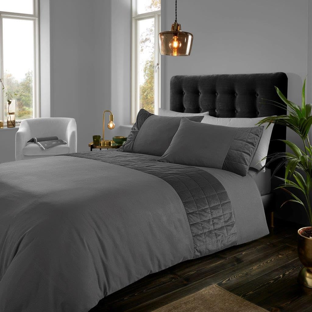 Lions Charcoal Crushed Velvet Panel Duvet Cover Set, Double, 200x200cm