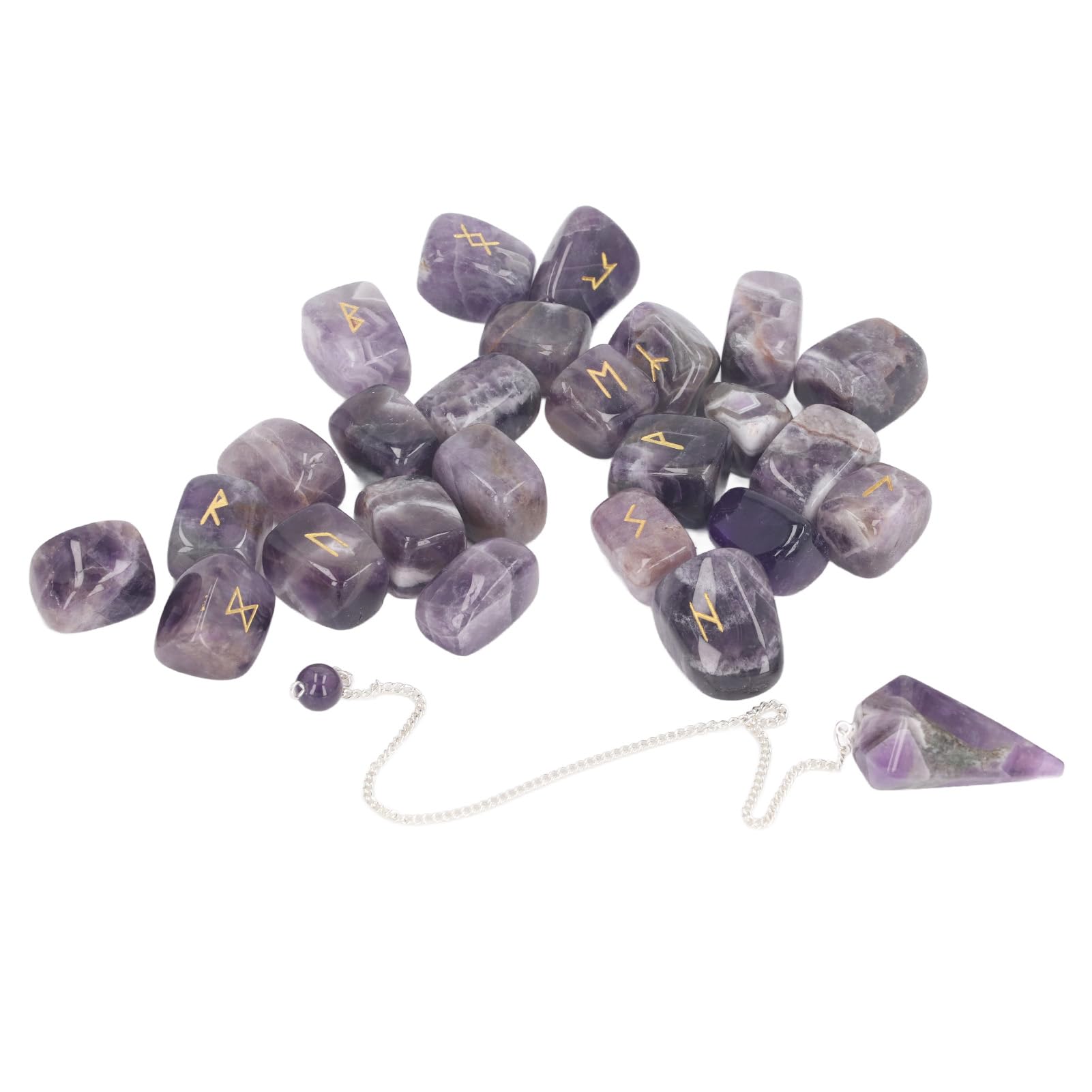 Juego de 25 Piedras Runas, Péndulo y Bolsa de Cristal, Curación, Chakras Equilibrados, Mente Pacífica, Adivinación, Meditación para Problemas Emocionales, Colección de Rocas,