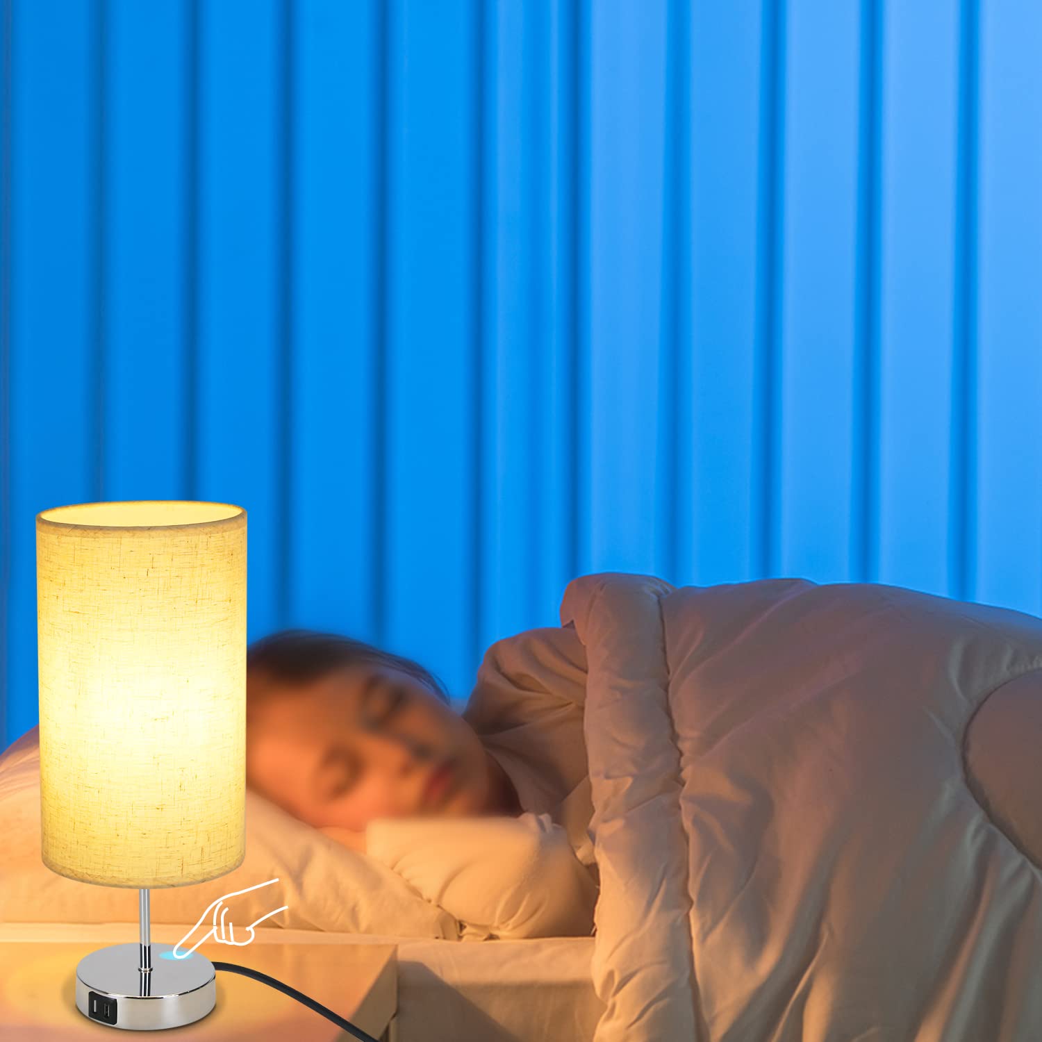 GBLY Nachttischlampe Touch Dimmbar 2er Set Modern Tischlampe mit USB | Anschlüsse, Schlafzimmer Nachttisch Lampe mit Ladefunktion, Chrom Bettlampe mit Stoffschirm, Tischleuchte E27 für Hotel Bett