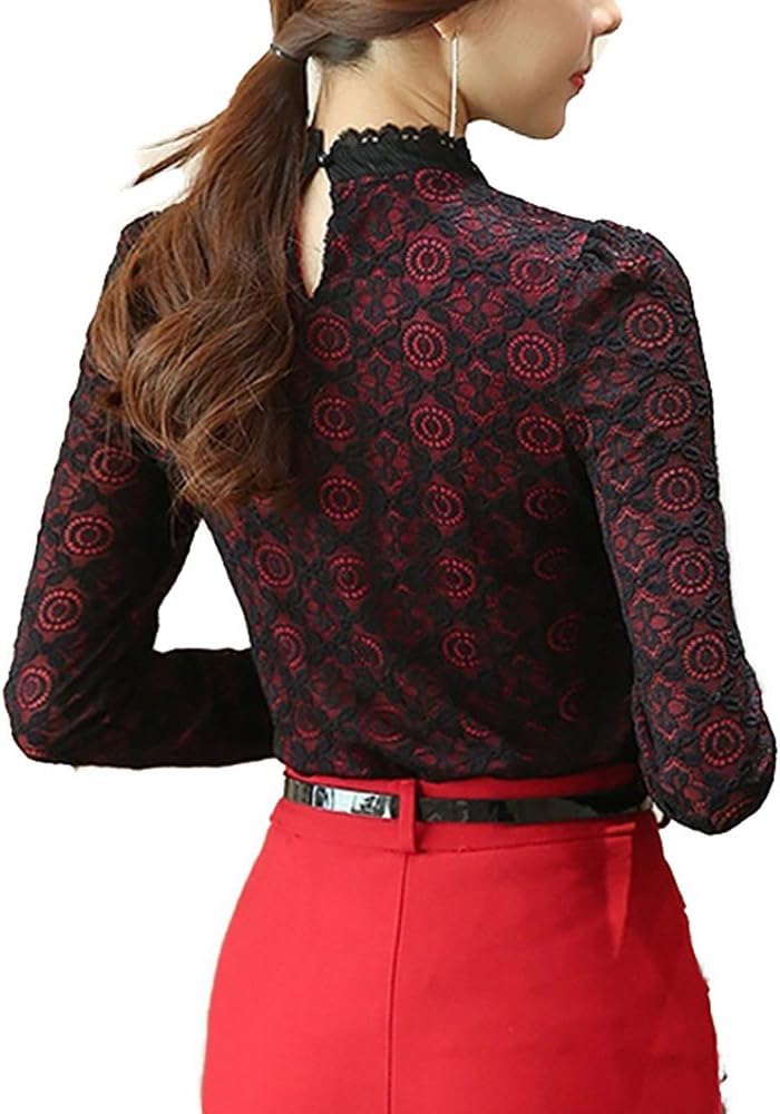 SansoiSan Women's Vintage Beaded Buttons Pleated Shirt Long Sleeve Lace Stretchy Blouse - Image 3