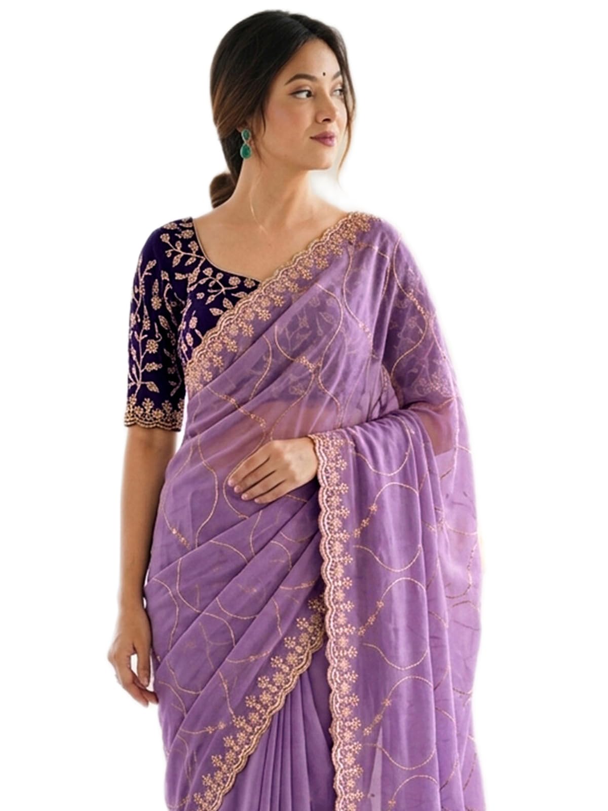 satrani Women's Shimmer Georgette Embroidery & Scalloped Border Saree with Unstitched Blouse Piece-picture-37