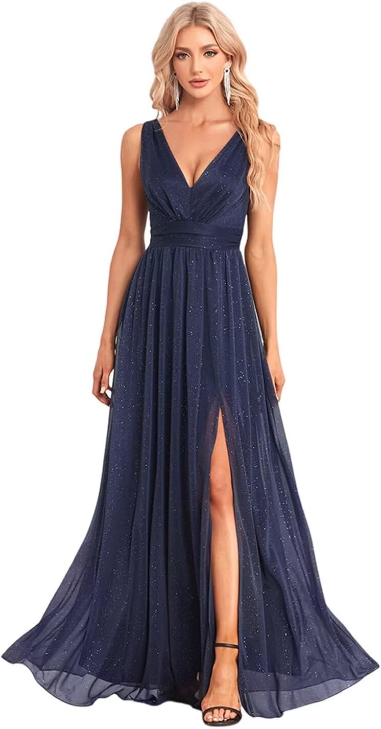 Long Glitter Tulle Prom Gowns with Slit A Line Sleeveless Formal Dress for Women LNR002