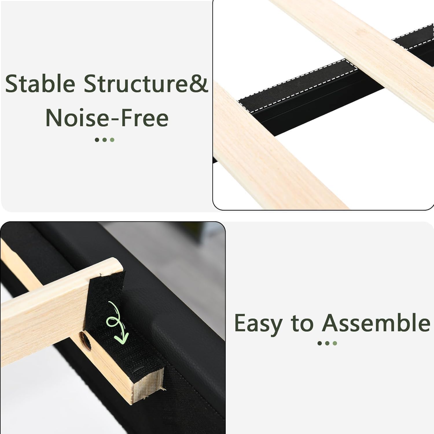 Diagram showing stable structure, noise-free design, and easy assembly features of the bed frame