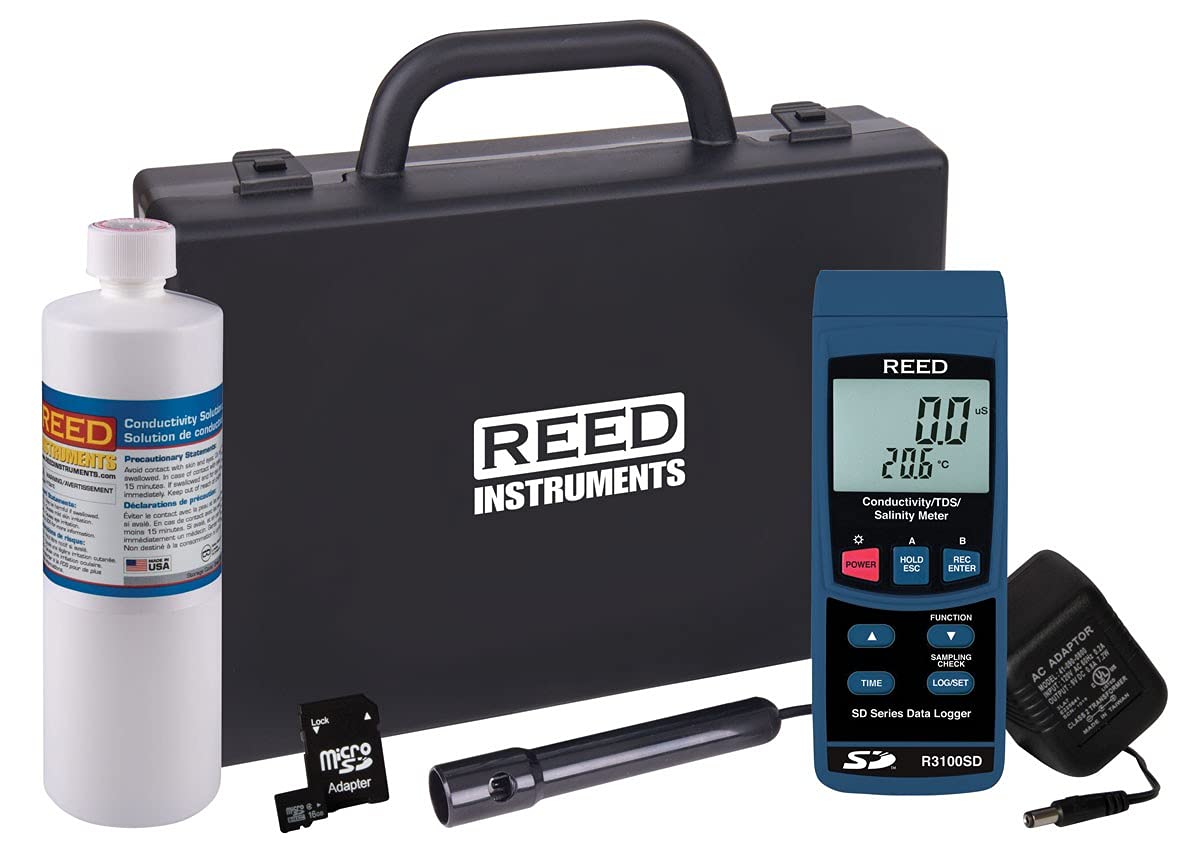 REED Instruments R3100SD-KIT Data Logging Conductivity/TDS/Salinity Meter with SD Card, Power Adapter and Solution