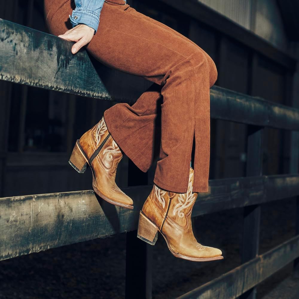 Corral Boots Women's Tan Handcrafted Western Boots | J Toe Ankle Boots with Distressed Leather and White Embroidery Design