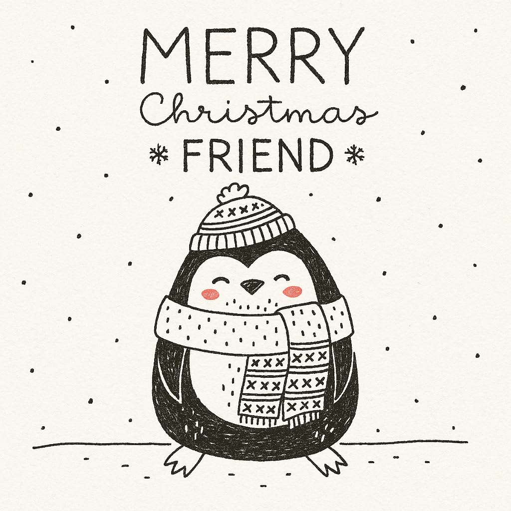 Pack of 10 Hand Drawn Penguin Friend Christmas Greeting Cards & Envelopes. Printed Inside with Christmas Message.