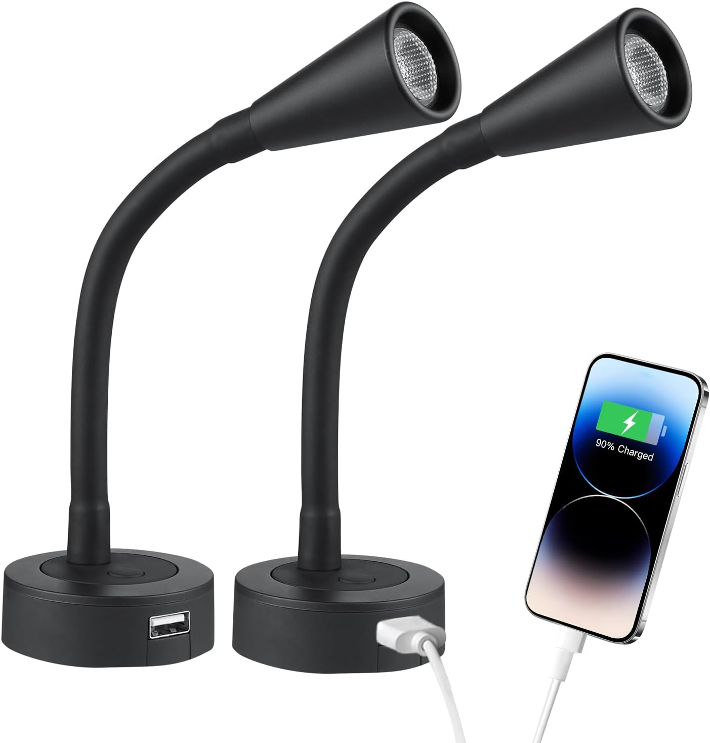 12V LED Reading Light RV Dimmable Reading Lamp with USB Charger 12 Volt Flexible Neck Light for Boat Camper Van Trailer Interior Lighting, Hard-Wired Surface Mount, 2-Pack