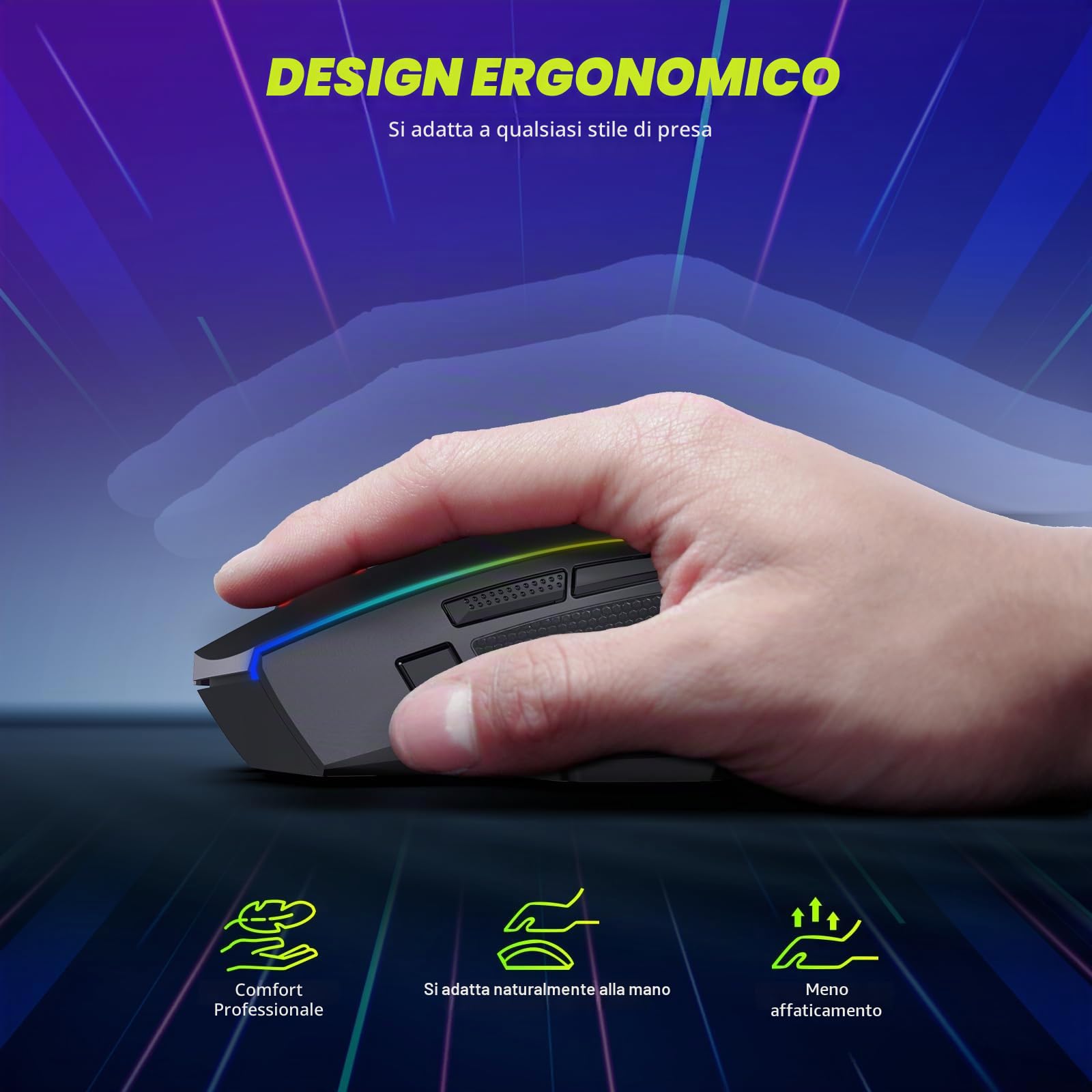 Redragon Mouse da gioco senza fili, 2,4 G/USB-C/Bluetooth, mouse ergonomico, 8000 DPI, RGB Back-Light, completamente programmabile, mouse wireless ricaricabile per computer portatile PC Mac, M814