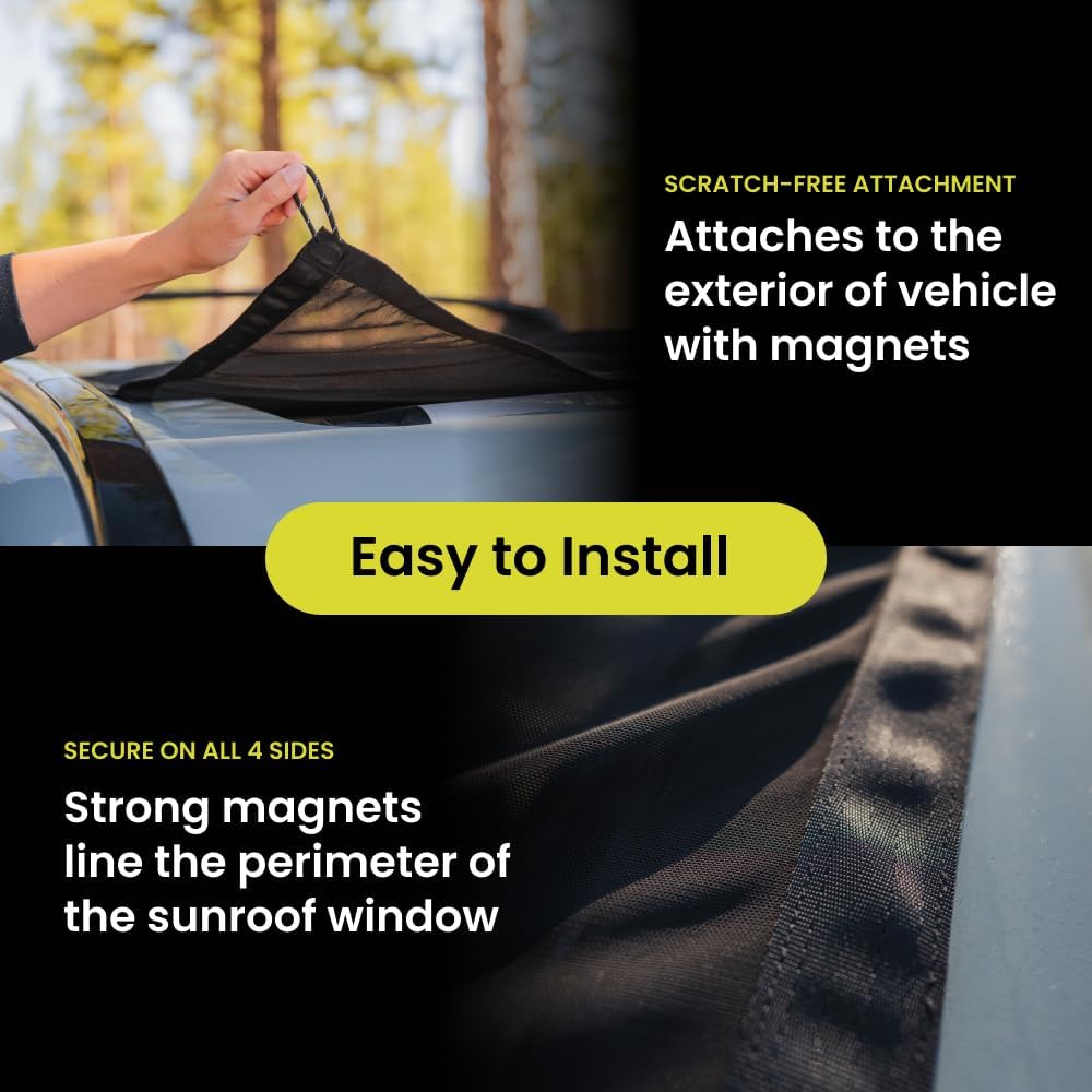 Luno Sunroof Shade for Car Camping – Magnetic Sunroof Cover w/Mesh Screen for Airflow & Bug Protection – Fits Most Sun Roofs – Car Camping Essential, Snag-Resistant, Easy to Install w/Storage Pouch