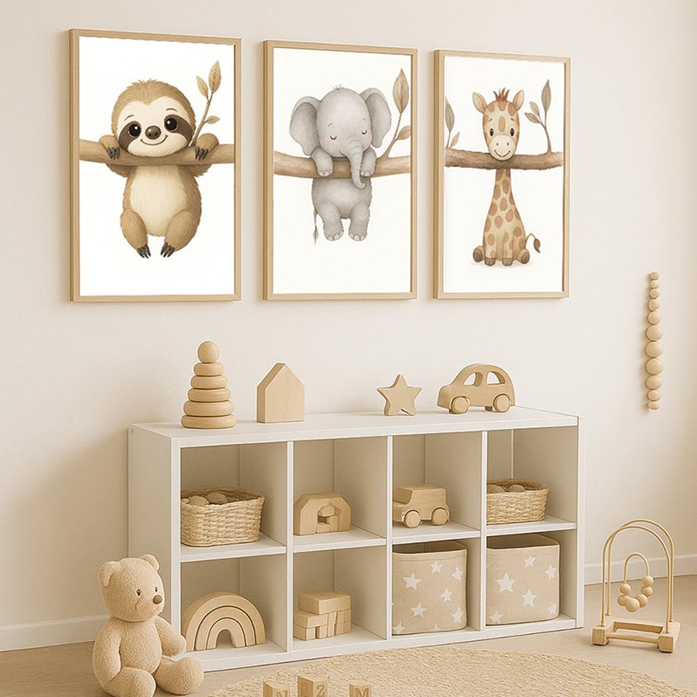 3 Laminas Animales Infantiles 30X40CM Cuadros Para Cuarto de Bebe Safari Poster Niños Habitacion Lienzo Animales Bebé Laminas Decorativas Pared Bebe Niña Cuadros Infantiles Beige sin Marco