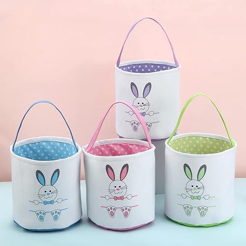 Miniatura 5 de Waarms Paquete de 2 bolsas para canastas de conejo de Pascua para niños, bolsas de lona de algodón personalizadas para caza de huevos, lindos cubos