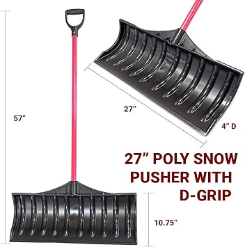 Bully Tools Poly Snow Pusher - Heavy Duty Snow Shovel with Fiberglass Handle and D-Shaped Grip, Wide Plow for Removal, Winter Scoop for Driveway, Walkway & Deck - 27 Poly Scoop, 100% Made in The USA