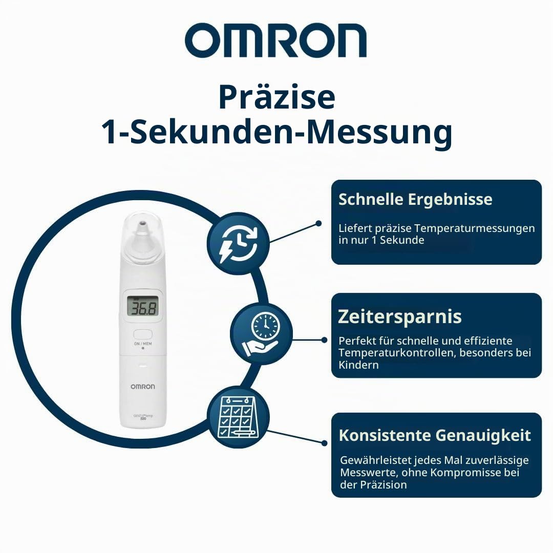 OMRON Gentle Temp 520 Ohrthermometer, digitales Fieberthermometer mit Infrarot-Messtechnik für die genaue und einfache Messung im Ohr in nur 1 Sekunde