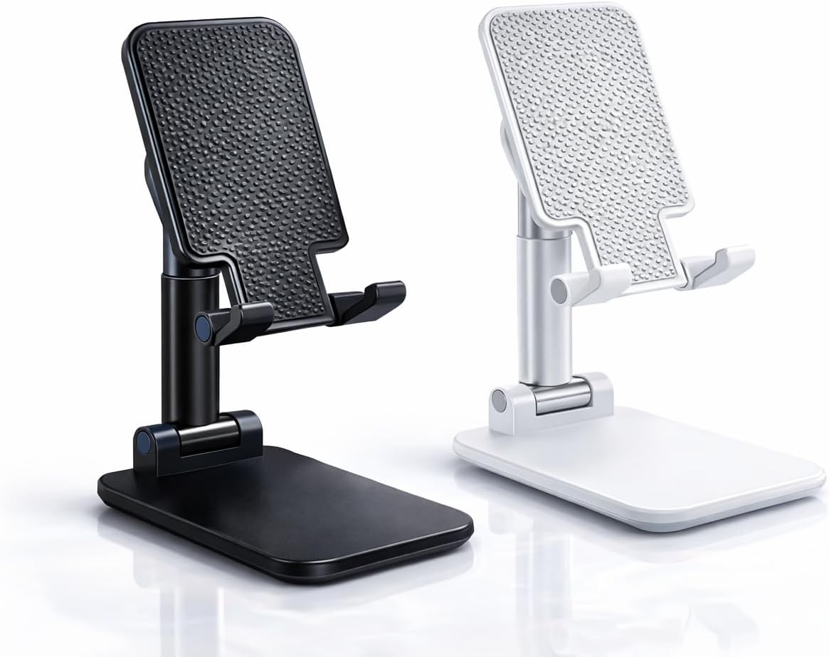 Adjustable Phone Stand for Desk, Foldable Cell Phone Holder with Height & Angle Adjustment, Anti-Slip Base, Compatible with iPhone, Android & Tablets, 2 Pack (Black & White)