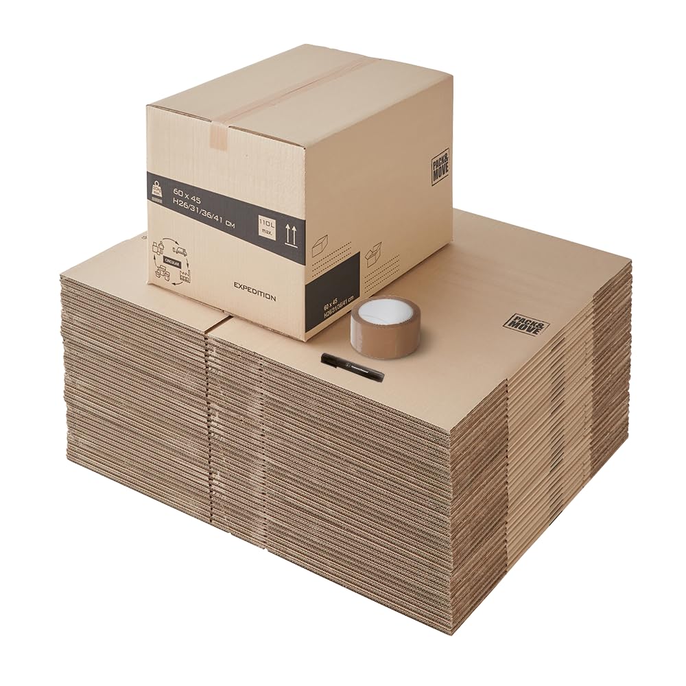 Pack and Move - Zestaw 45 kartonów do przeprowadzki o zmiennej wysokości – 60 x 45 x 31 – 41 cm – wzmocnione uchwyty – 1 klej w prezencie