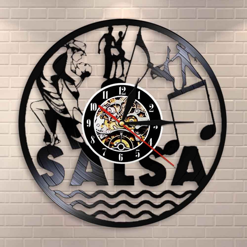 Latin Dance Salsa Dance Wall Art Orologio da parete Coppia danzante Orologio da parete con disco in vinile Orologio da sala da ballo latino Studio di danza Ballerino regalo Dia 30cm 7 colori Orologi