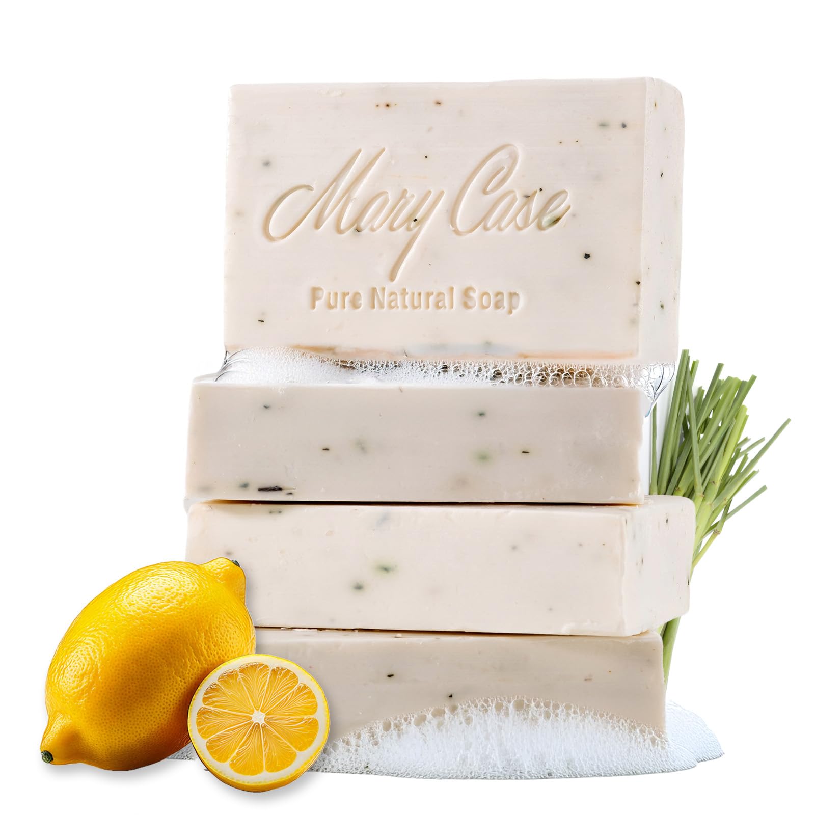 Mary Case All Natural Bar Soap for Men & Women (Set of 4) - Lemon Bath Soap Bar with Olive and Coconut Oils & Dried Lemongrass - Vegan Bath Soaps for
