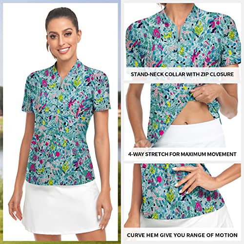 Womens Collarless Golf Shirts Short Sleeve Summer Polo Shirts Athletic Tops #TOP1