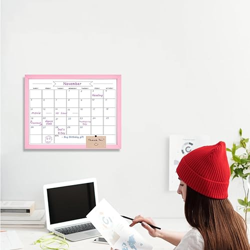 Miniatura 6 de TORASO Tablero de calendario mensual de borrado en seco, pizarra blanca magnética para pared, oficina, escuela, hogar, marco rosa de madera maciza