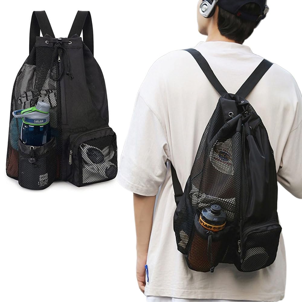 Swimming Bag Mesh Drawstring Rucksack Sports Bag Large Swim String Backpack with Wet & Dry Compartment Swimming Equipment Bags for Men Women Beach Gym Sport