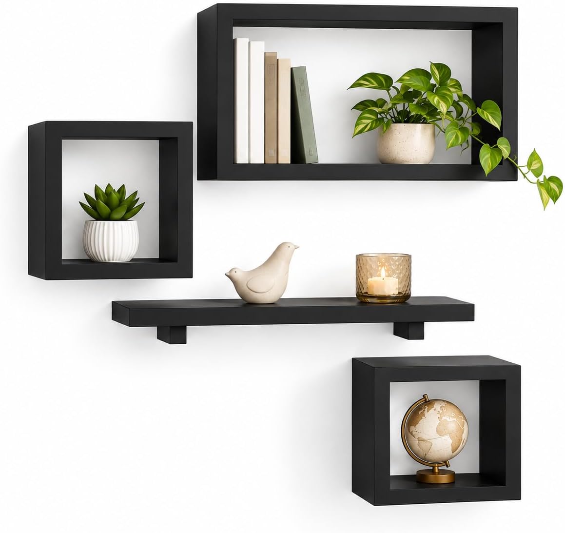 FABULO Modern Wooden Wall Shelf for Living Room โ Floating Wall Mounted Shelves for Bedroom & Drawing Room, MDF Display Rack for Books & Decor, Storage Unit, Set of 4, Black