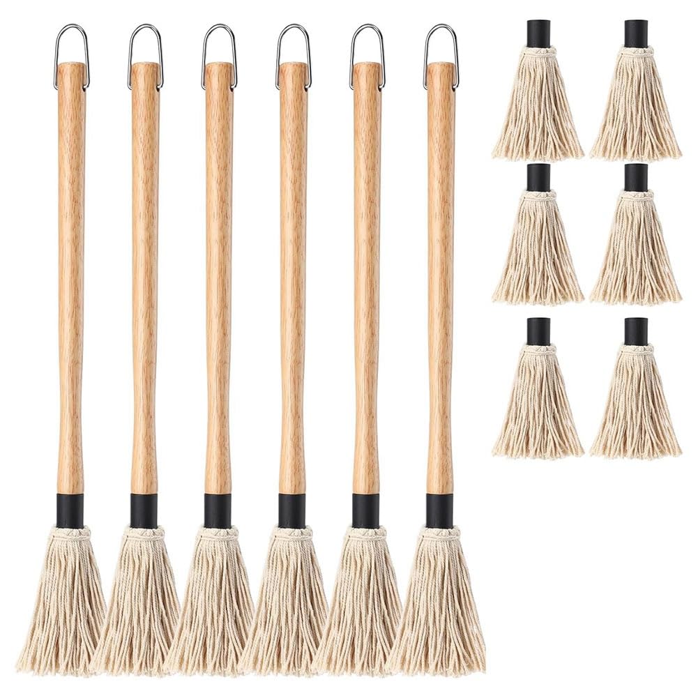 CTRLZS 6Pcs 18Inch Grill Basting Mop with 6 Extra Replacement Heads BBQ Sauce Basting Mops Brush with Long Wooden Handle Easy Install Easy to Use