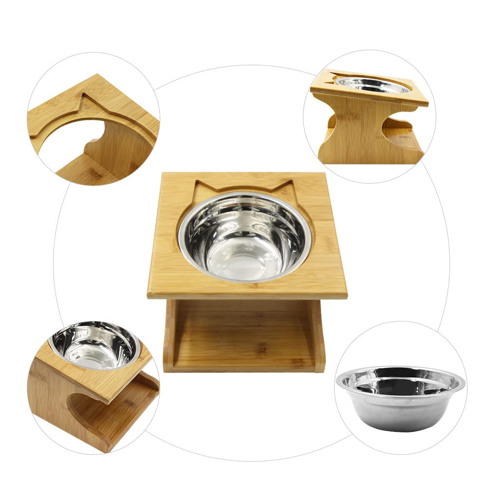 Ciotole per Gatti Cani Rialzate Ciotole Gatto Cane in Ceramica/Acciaio Inossidabile con Supporto in Legno