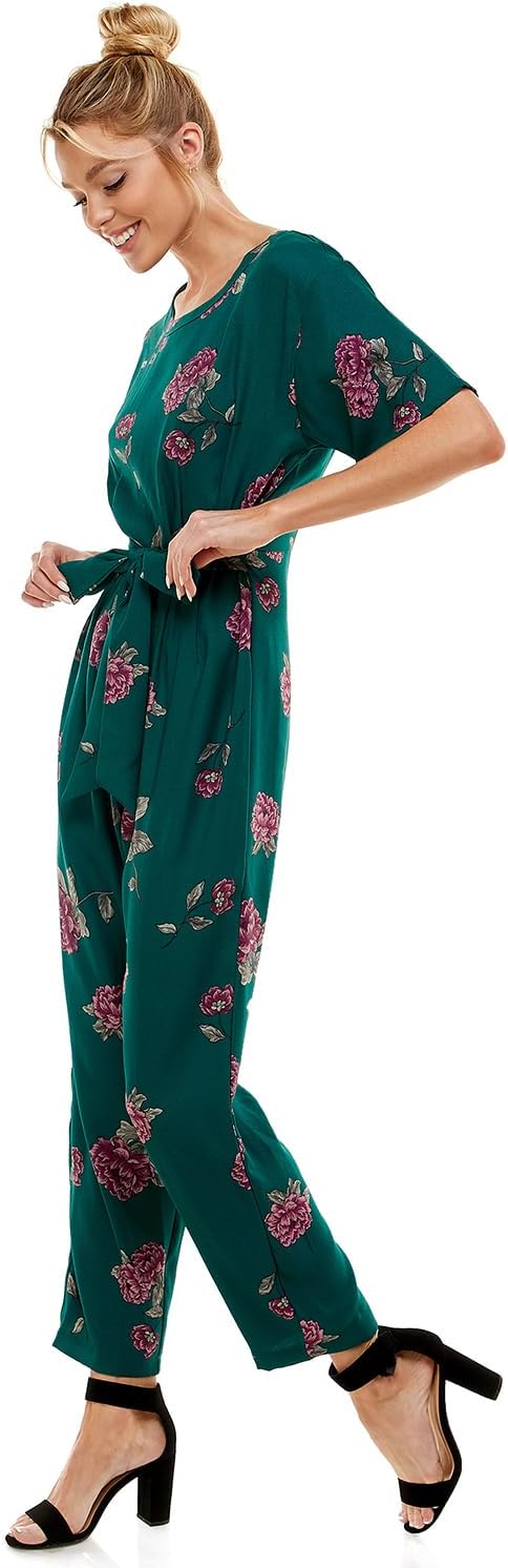 Women's Floral Jumpsuit, Short Sleeve, Green with Purple Roses, Belted Waist - Image 4