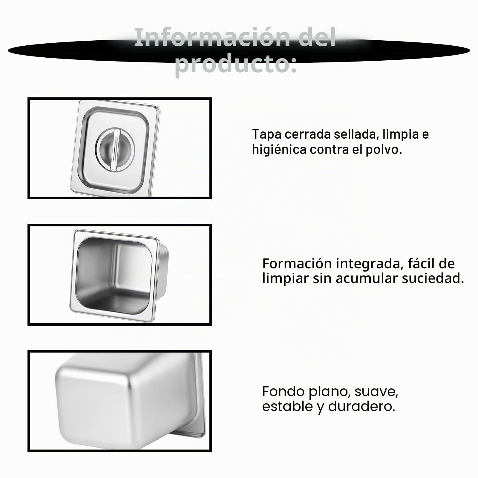 GOMETY 3 recipientes de acero inoxidable 1/6 con tapa, 17,6 x 16,2 x 10 cm de profundidad, sartenes para hotel, 100 mm de altura, recipientes apilables, recipientes para alimentos y alimentos