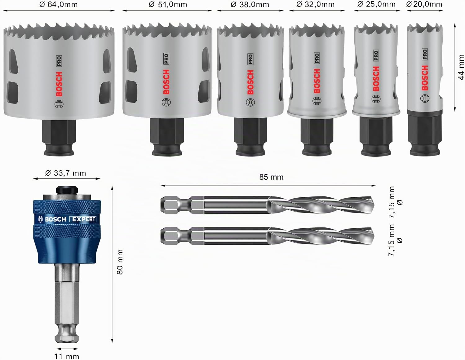 Bosch Lot de 9 scies cloches Pro Multi Material Power Change Plus - Étui transparent (pour bois tendre, cloison sèche, Ø 20-64 mm, accessoires professionnels pour perceuse/visseuse)