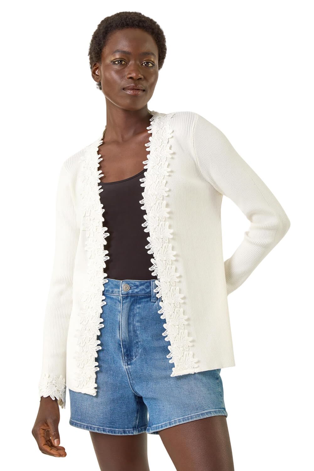 Roman Lace Trim Knit Cardigan, White, Size 14, Women