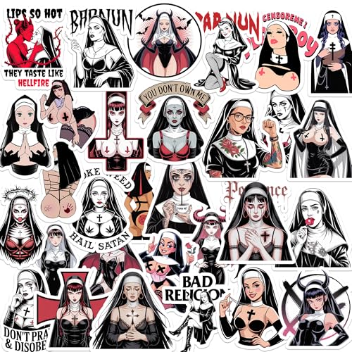 30pcs Sexy Pinup Nun Stickers, Gothic Anime Nun Vinyl Decals, Nun Valak Stickers, for Laptop, Water Bottle, Journal, Skateboard – Edgy Dark Art Sticker Pack