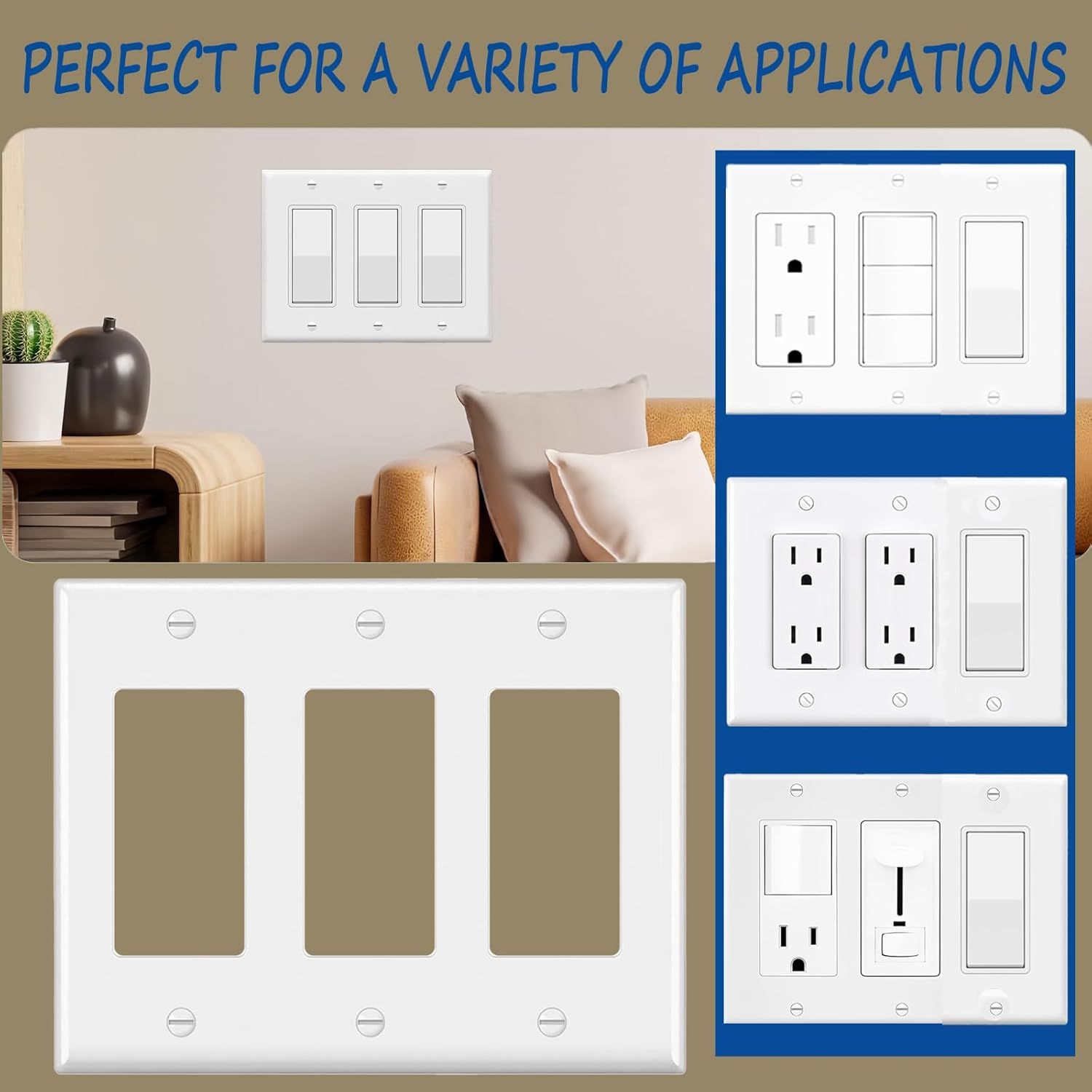 Light Switch or Receptacle Outlet Wall Plate,Smooth Face, White,3-Gang Standard Size 4.50" x 6.38",Unbreakable Polycarbonate Thermoplastic,UL Listed,2-Pack
