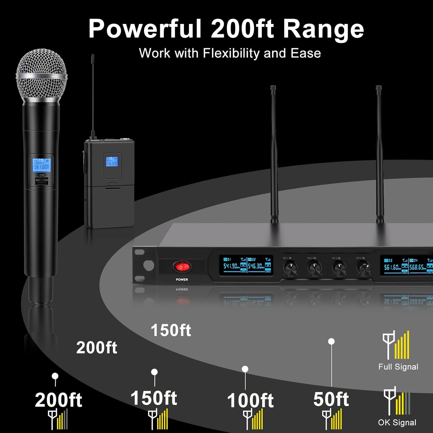 4-Channel Wireless Microphone System, Quad UHF Metal Cordless Mic, 2 Handheld Mics, 2 Bodypack Mics, Long Distance150-200Ft, Fixed Frequency, 16 Hours Use for Karaoke Singing, Church - Image 2