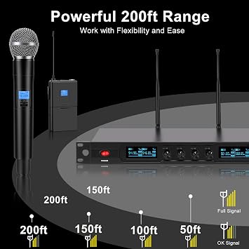 innopow 4-Channel Wireless Microphone System, Quad UHF Metal Cordless Mic, 2 Handheld Mics, 2 Bodypack Mics, Long Distance150-200Ft, Fixed Frequency, 16 Hours Use for Karaoke Singing, Church