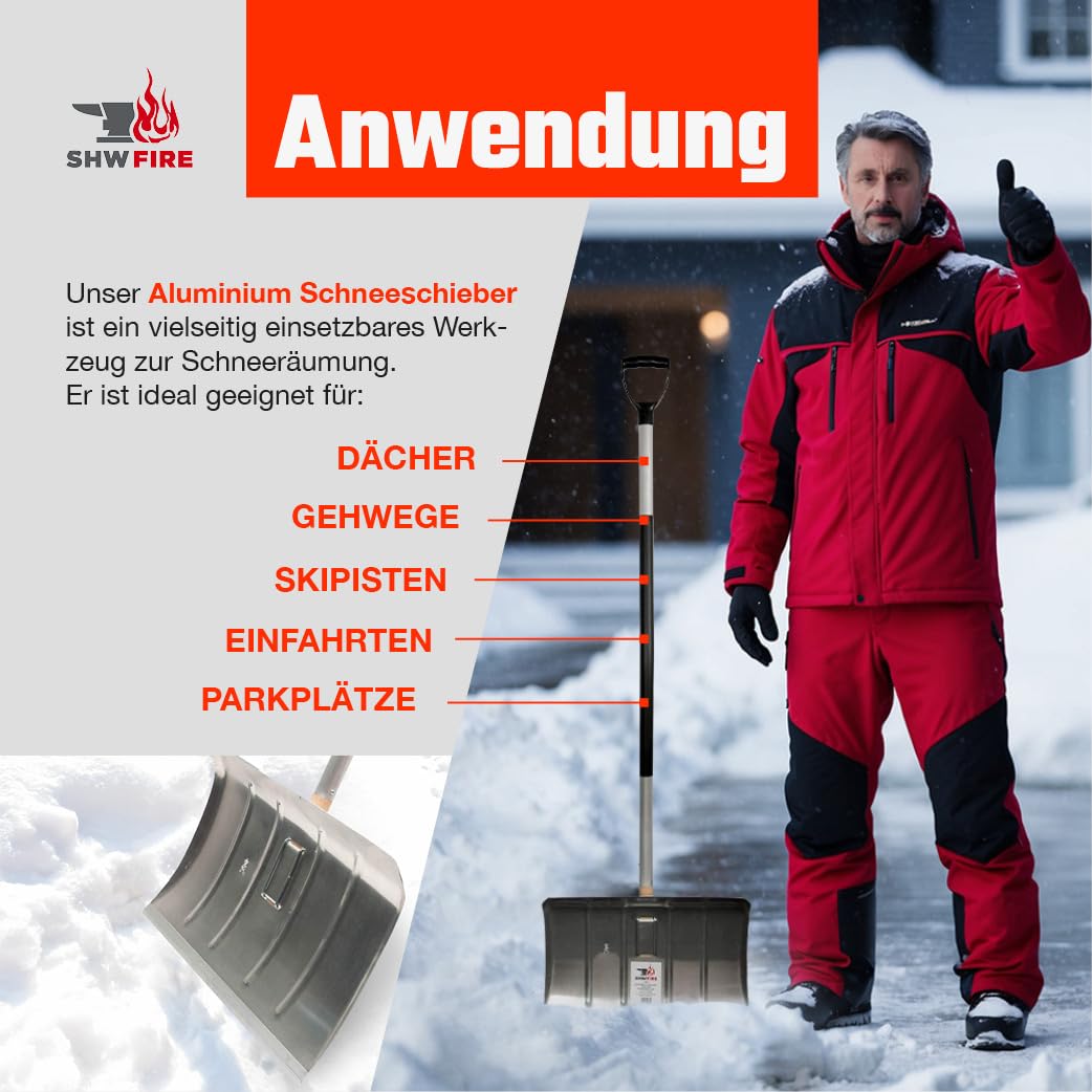 SHW-FIRE Alu-Schneeschieber 50 cm mit Ergonomischem Stiel und Profilkante | Für Schneeräumung & Winterarbeiten | Aluminium | ideal für große Schneemengen auf Gehwegen und Einfahrten