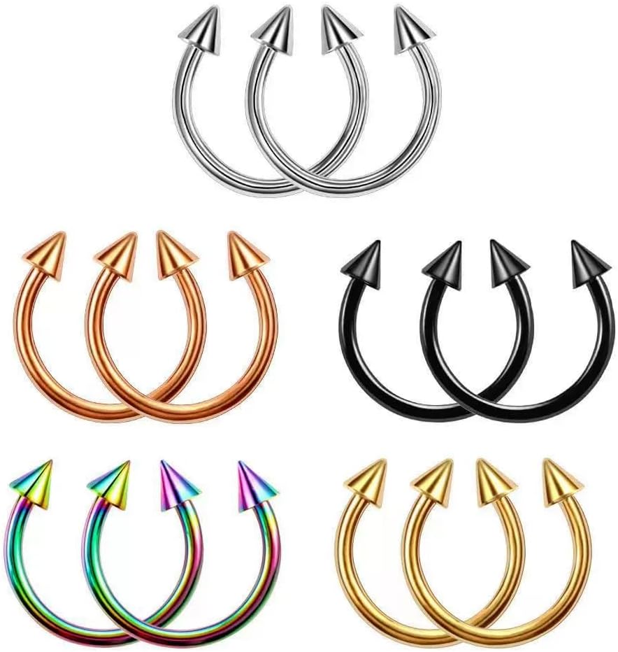 10Pcs 16G Stainless Steel Spike Lip Rings Snake Bite Jewelry Horseshoe Septum Ring Cartilage Helix Tragus Hoop Earrings Body Piercing Jewelry for Women Men 8mm 10mm