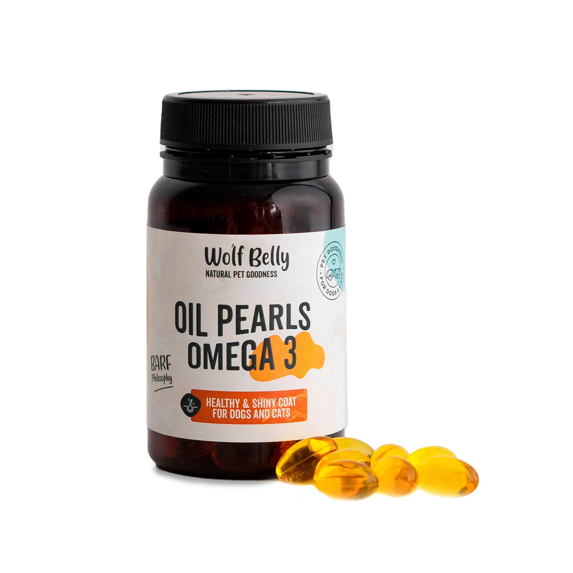 Wolf Belly - Suplemento Omega 3 Perros y Gatos 100% Natural (60 Perlas) Cápsulas Aceite de Pescado Ricas en DHA y EPA, Antiinflamatorio Articulaciones, Pelaje Más Sano y Brillante, Cuida Piel Perro