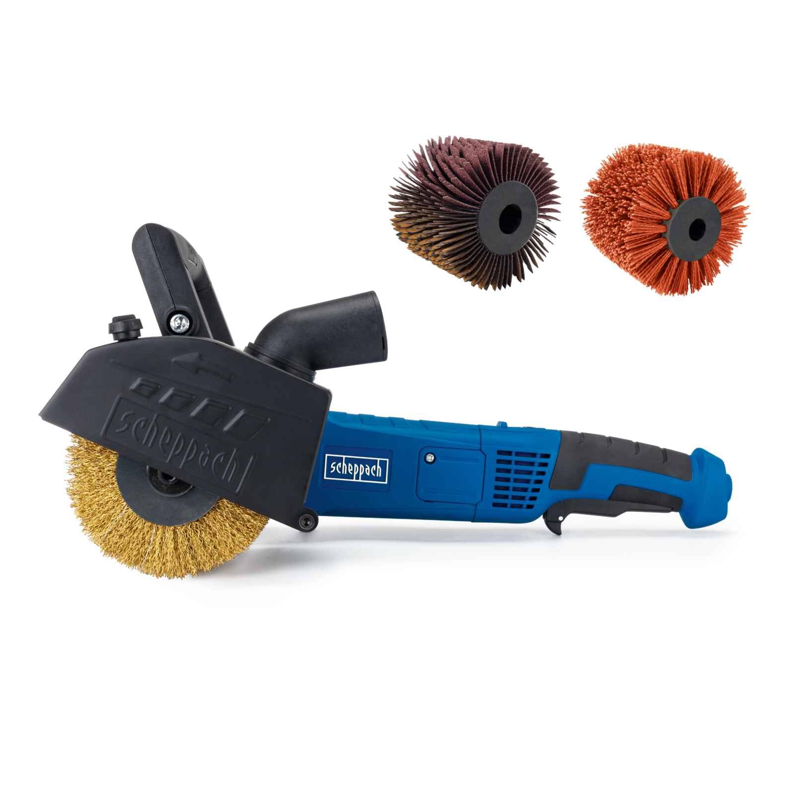 Scheppach Satineuse MRS1300 avec démarrage progressif et puissance de 1300 W | Avec brosse en laiton, bande abrasive et en nylon | Largeur de brosse : 100 mm avec diamètre de 120 mm | Vitesse