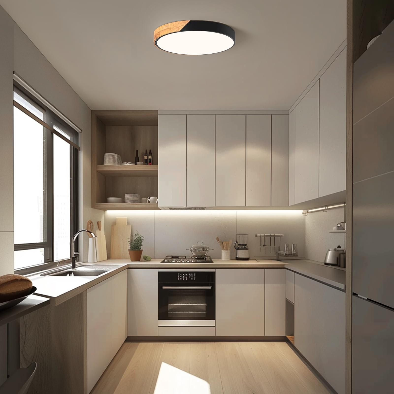LED Deckenleuchte,Deckenlampe 40cm Runde Holz,Moderne Lampe Schwarz Deckenlampe,36W 4000K deckenleuchten,für Wohnzimmer, Schlafzimmer, Büro,Küche,Flur, Kinderzimmer
