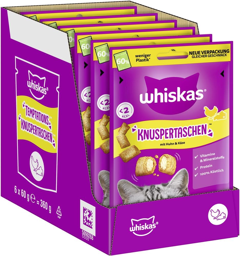 WHISKAS Worki chrupiące przekąski dla kotów z kurczakiem i serem, 6 x 60 g – przekąski z kurczakiem i serem dla kotów