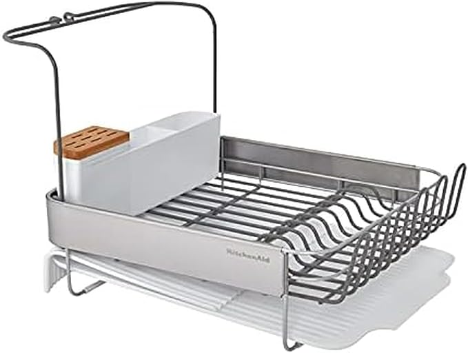 KitchenAid Compact to Full Size Expandable, Rust Resistant Satin Coated Dish Rack with Angled Self Draining Drain Board and Removable Flatware Caddy, 24-Inch, Charcoal
