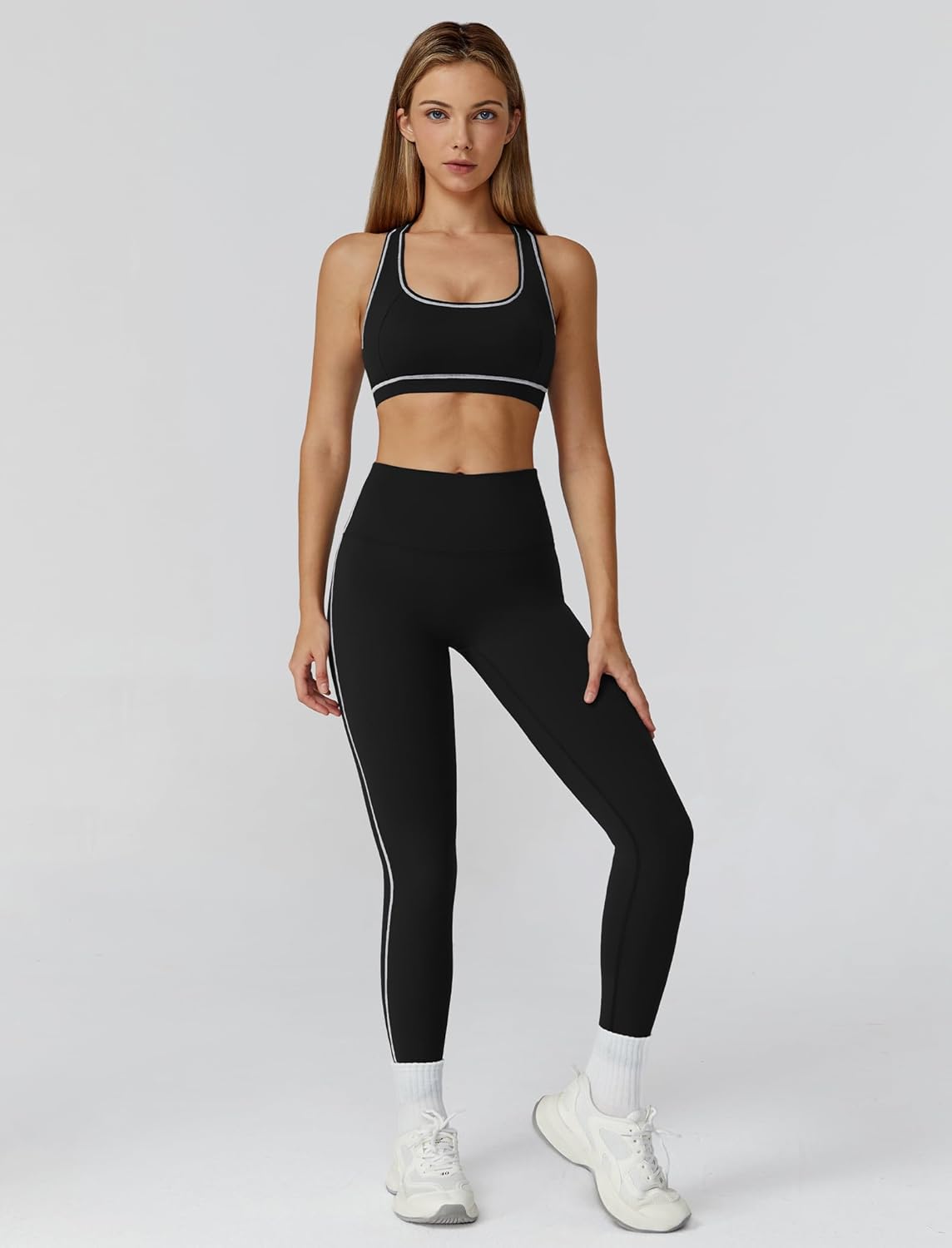 ABOCIW Womens Two Piece Workout Sets Contrast trim Racerback Sports Bra High Waist Leggings Gym Sets - Image 3