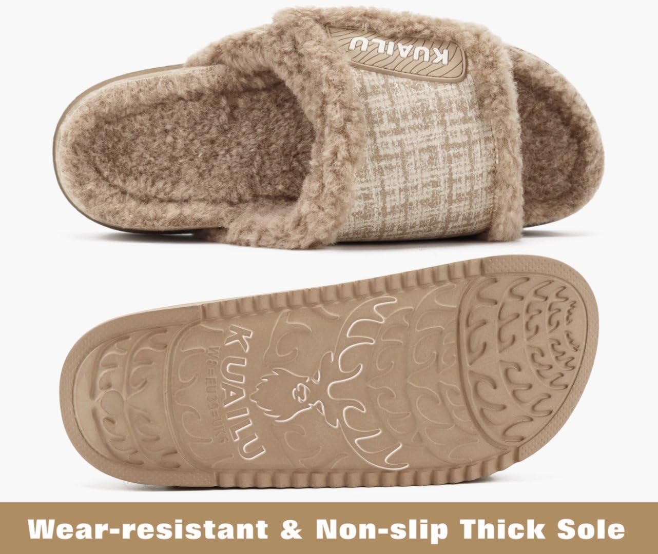 KuaiLu Cushion Slippers For Women with Orthotic Arch Support Wide Adjustable Open Toe Flatform Furry Fur Sandals Warm Teddy Fleece Recovery Slides Slip On House Shoes Indoor Outdoor, Beige US7 - Image 8