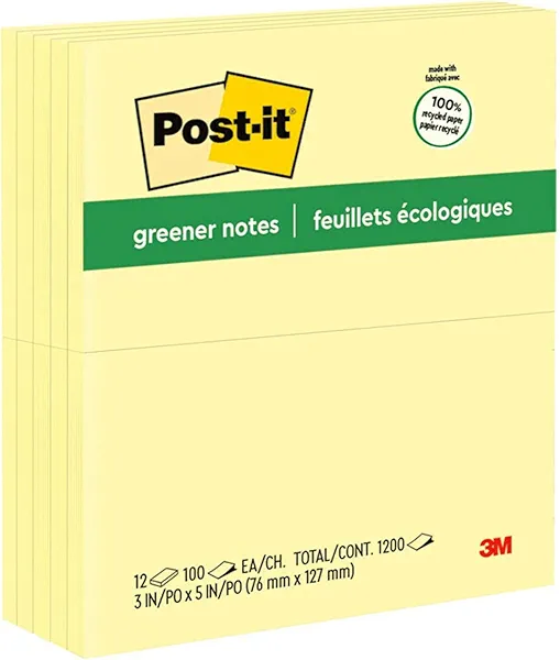 Post-it Greener Notes, 3 in x 5 in, 12 Pads, America's #1 Favorite Sticky Notes, Canary Yellow, Clean Removal, 100% Recycled Material (655-RP)