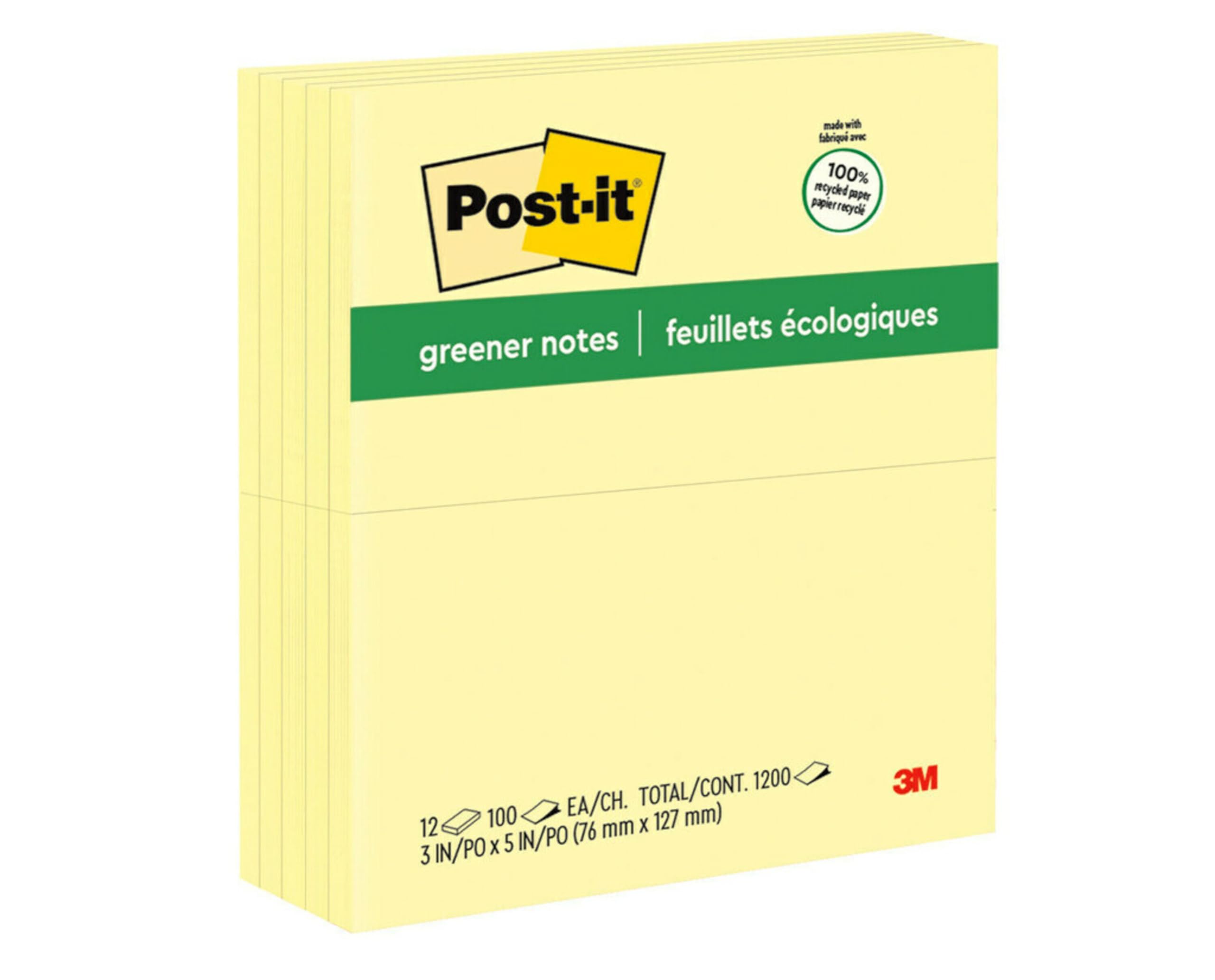 Post-it Greener Notes, 3 in x 5 in, 12 Pads, America's #1 Favorite Sticky Notes, Canary Yellow, Clean Removal, 100% Recycled Material (655-RP)