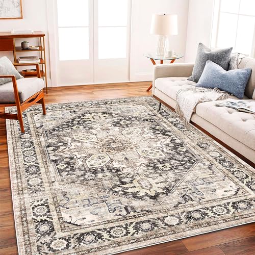 Washable Area Rug 10'x14' Black-Purple Khaki Retro Flowers Boho Design Non-Shedding Easy Care Ideal for High Traffic Areas in Living Room Bedroom Office Coffee Table Kitchen Large Carpet