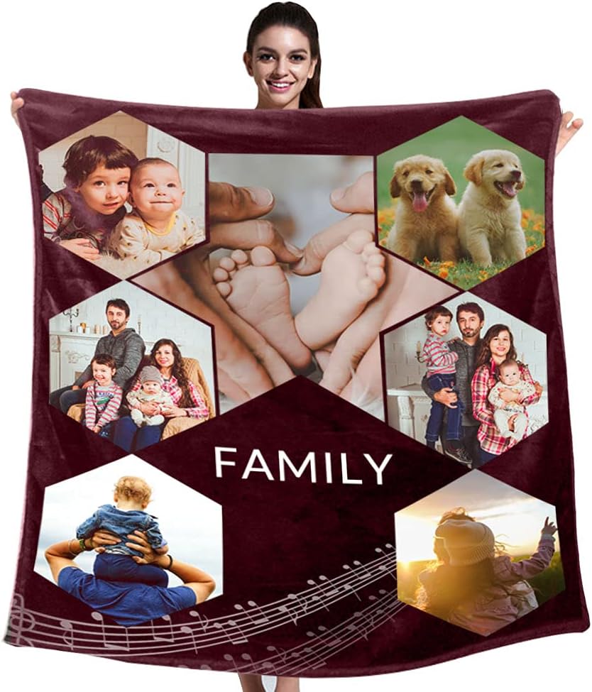 TOSFOGO Custom Family Blanket with Personalized 7 Photos Collage & Texts, Customized Throw Blankets, 40'' x 50''