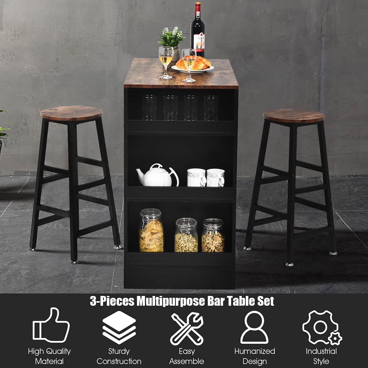 GIANTEX Ensemble de table et 2 tabourets, ensemble de meubles de bar, 3 pièces, salle à manger, style industriel, table avec 3 étagères de rangement, tabouret avec repose-pieds de différentes