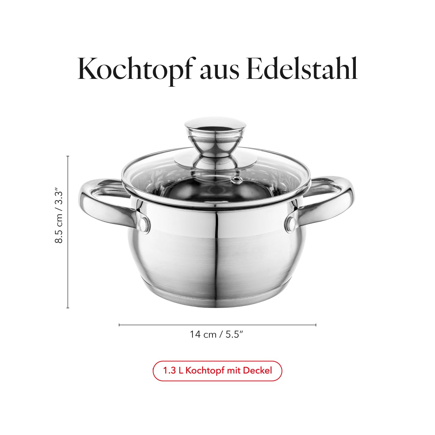 Florina Oliver 14 cm 1,3 L Edelstahltopf mit Glasdeckel | Für Induktion, Gas, Elektro, Ceran | Messskala innen | Spülmaschinengeeignet | Hitzebeständiger Deckel | Langlebig & robust